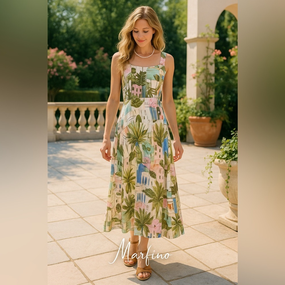 Marfino, Gorgeous Soft & Flowy Viscose Dress, Pelourinho Print, Side Zip, Size M